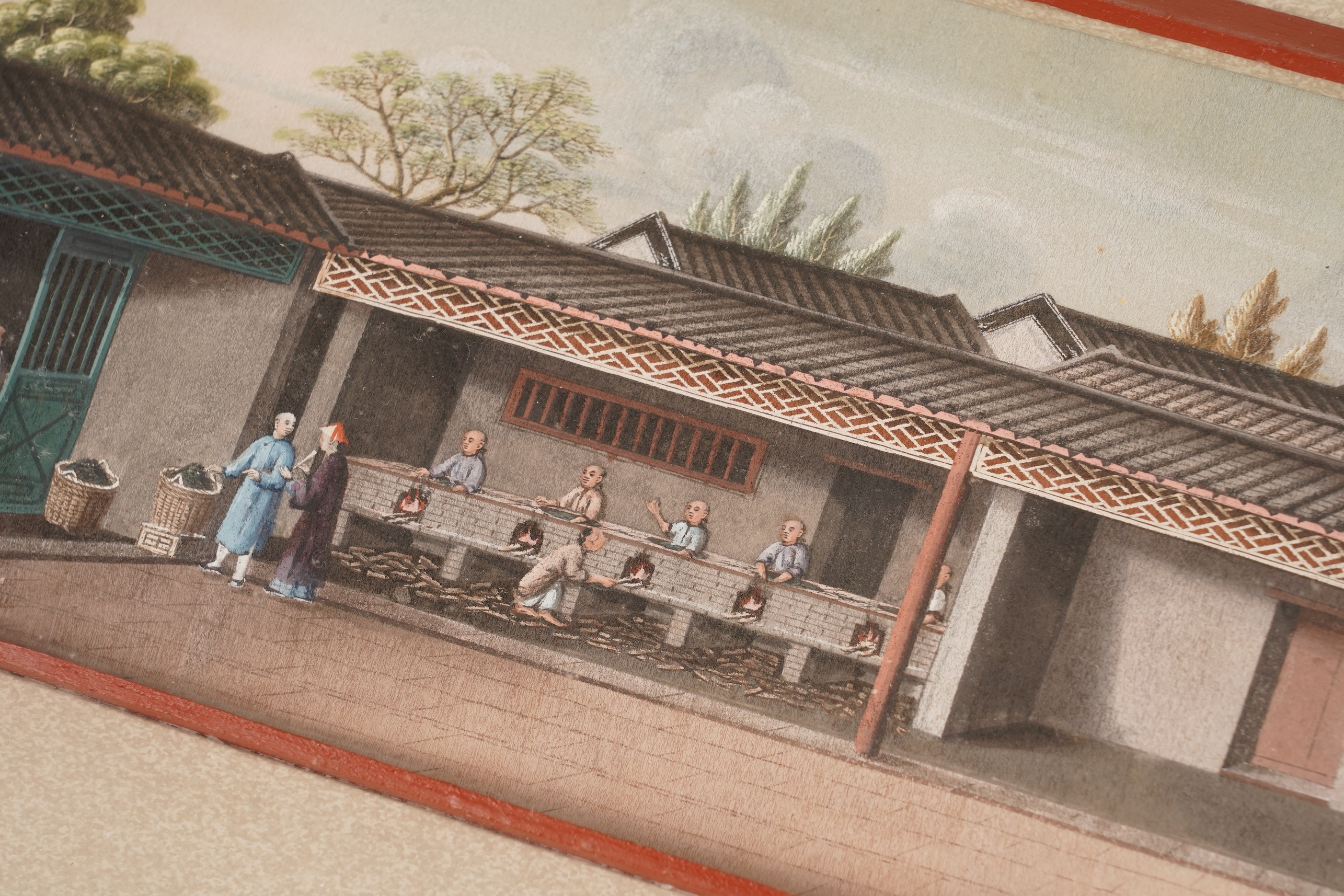 Circle of Youqua , Chinese (Mid 19th century), Scenes of rice or tea production, Six watercolours on pith paper, Image 12cm x 22.5cm